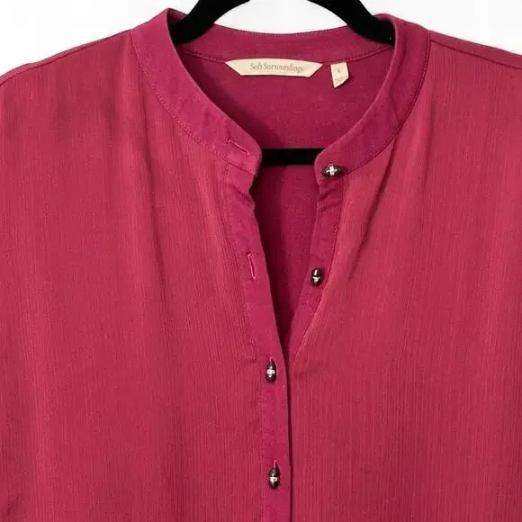 Soft Surroundings Burgundy Collarless Capizzi Top with Sheer Sleeves (L) - Picture 4 of 11